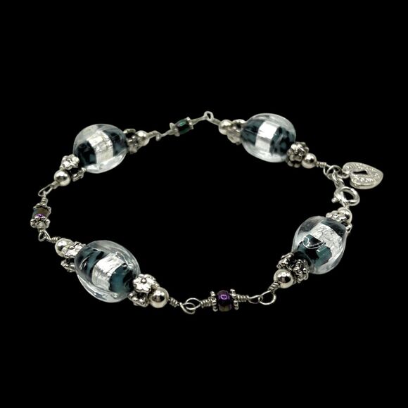 Lampwork Glass Foil Bead Bracelet Silver Tone Green Linked Handmade Boho Art - Picture 4 of 7